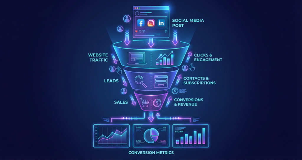 From post to profit visual showing how top 5 social media marketing tools track social media posts converting into website traffic, leads, and sales for small businesses.